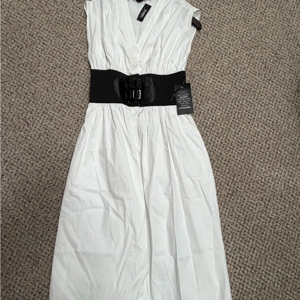 White House Black Market Cap Sleeve Belted Midi Dress - Picture 2 of 3